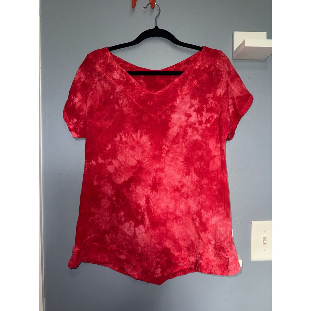Oh My Gauze Red Tie-Dye 100% Cotton Short Sleeve Shirt | Size 0 | Lagenlook